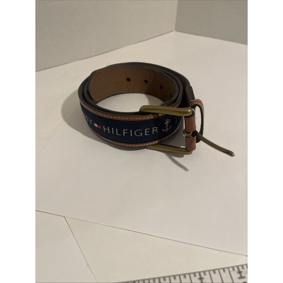 Tommy Hilfiger cowhide buffalo leather brass buckle canvas nautical belt 32/80 - Picture 1 of 16